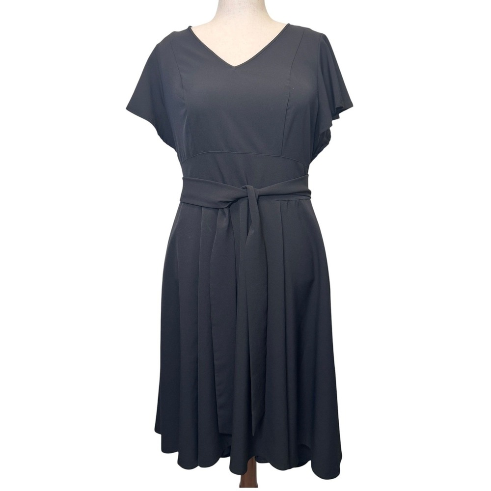 Lane Bryant Midi Dress 16 Black Flutter Sleeve Tie Waist Pockets Hi-Lo Elegant